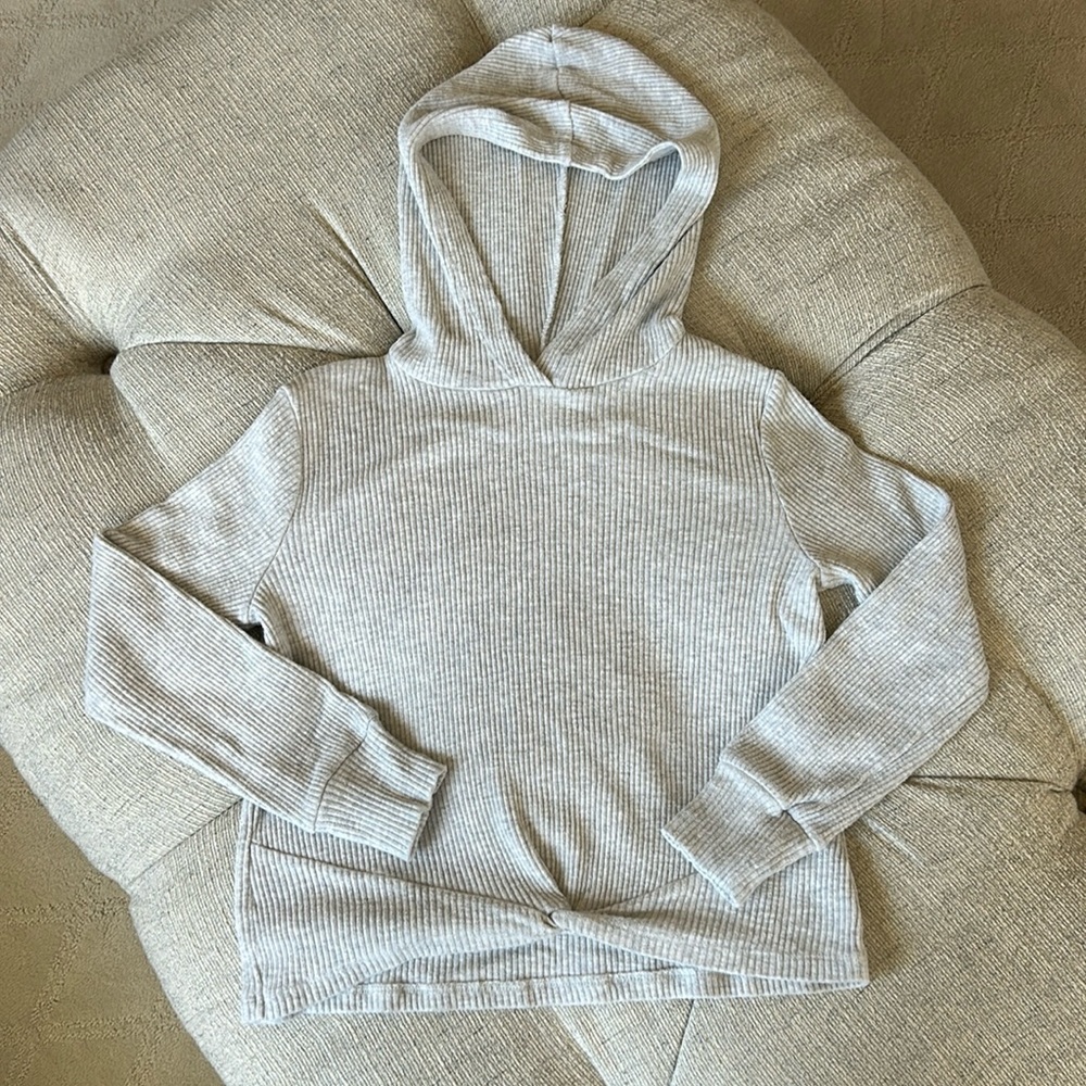 Gray Ribbed Hoodie with Twist design on front